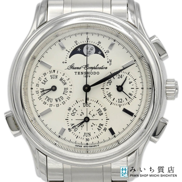稼働 腕時計 TENSHODO 天賞堂 6771-T003702 グランドコンプリケーション ムーンフェイズ クォーツ 白色文字盤 箱・説明書 H6633