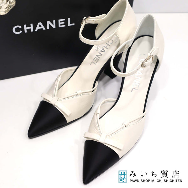 CHANEL シャネル ヒール パンプス G33888 37 23.5cm ホワイト ブラック レディース 箱有 H4044
