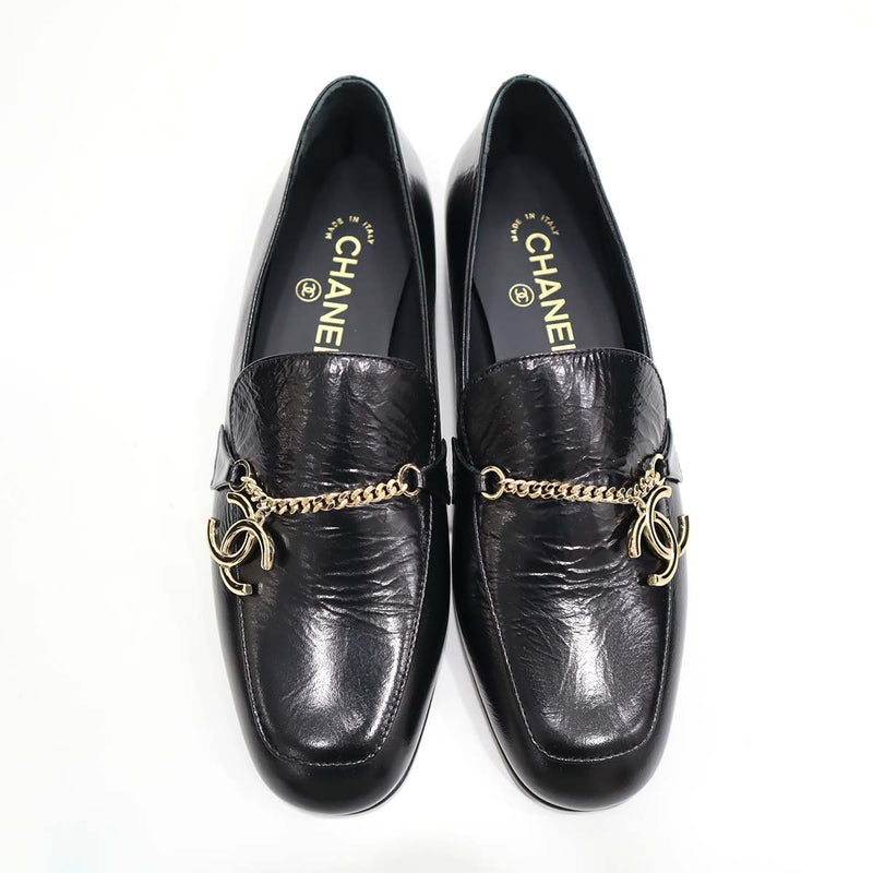 未使用品 CHANEL シャネル G45568 ココマーク チェーン ローファー 靴 ブラック ゴールド金具 サイズ37 1/2 24.5cm H18917