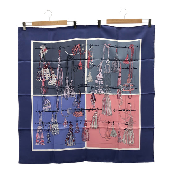 未使用 HERMES エルメス カレ90 Passementerie Quadri パスマントリー・カドリ 紐飾り タッセル ブルー系 スカーフ 箱有 M4209
