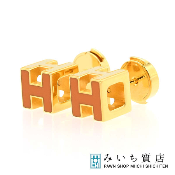HERMES エルメス ピアス カージュドアッシュ Hキューブ オレンジ/ゴールドカラー アクセサリー レディース 5.8g ok1050