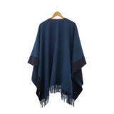 HERMES エルメス ロカバール ポンチョ レザータッセル トップス カシミヤ ウール ブルー系 H12849