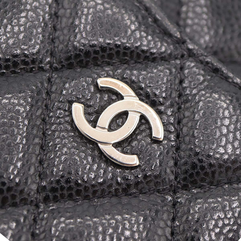 CHANEL シャネル フラグメントケース キャビアスキン マトラッセ クラシックポーチ ブラック×シルバー 30番代 H18279