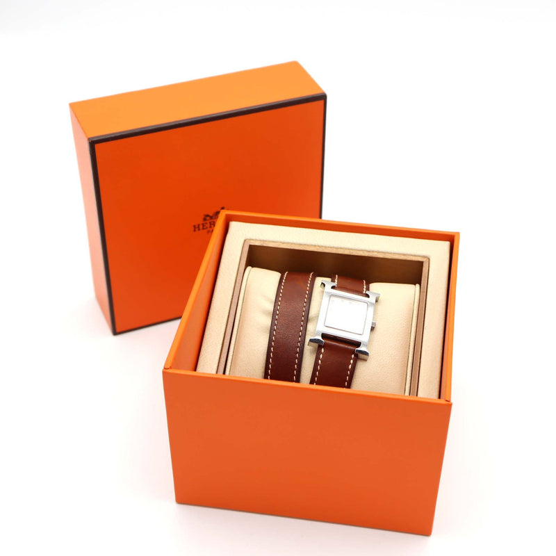 腕時計 稼働 HERMES エルメス HH1.210 Hウォッチ ドゥブルトゥール クォーツ レディース 白色文字盤 箱有 H850
