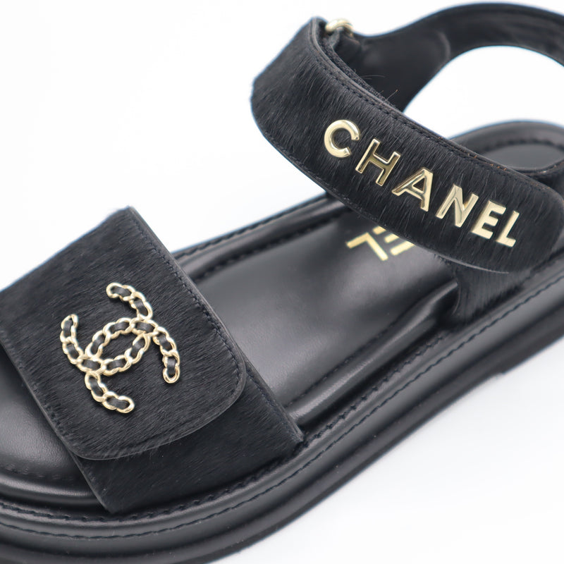 CHANEL シャネル ココマーク サンダル ハラコ レザー G46018 36C 23cm ブラック 靴 箱有 25k628-2