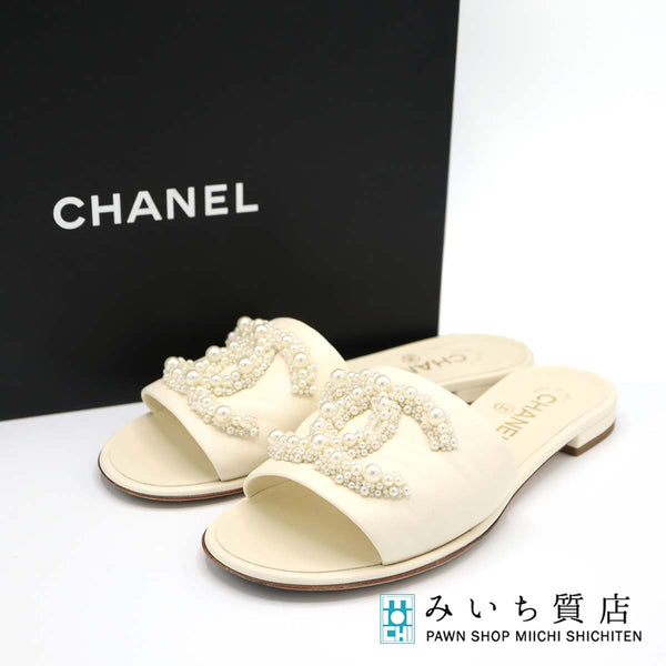 CHANEL シャネル フェイクパール フラット スリッパ サンダル ミュール G34678 ココマーク アイボリー サイズ37C 24cm 箱あり ok885