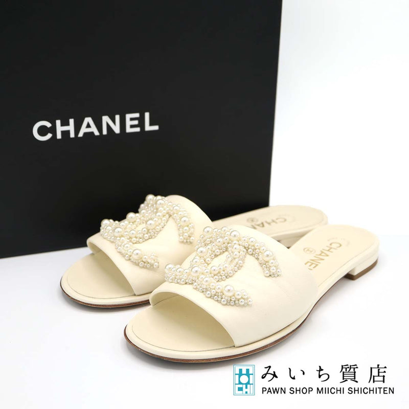 CHANEL シャネル フェイクパール フラット スリッパ サンダル ミュール G34678 ココマーク アイボリー サイズ37C 24cm 箱あり ok885