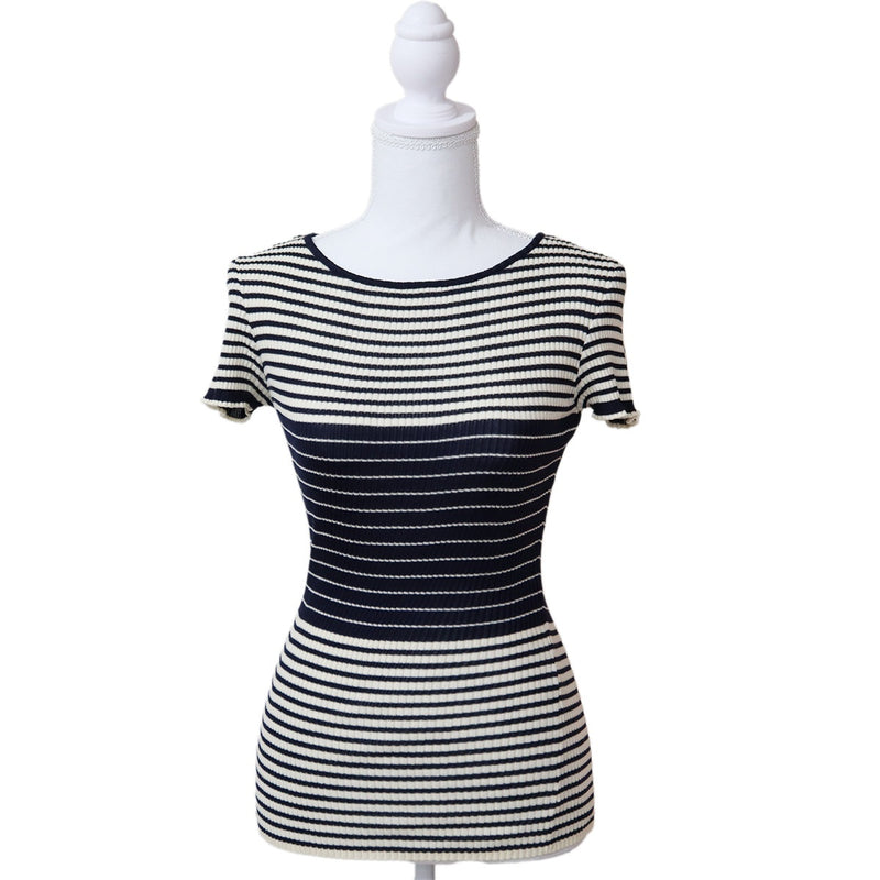 VALENTINO ヴァレンティノ ボーダー リブニット 半袖 トップス  Mサイズ ネイビー×ホワイト レディース 25k167-1