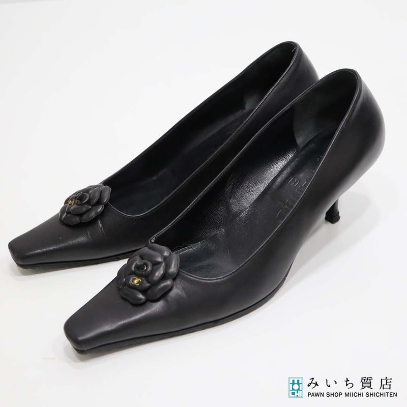 CHANEL シャネル パンプス ヒール サンダル カメリア ココマーク 37 1/2 ブラック レディース yo80
