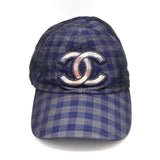 CHANEL シャネル キャップ 帽子 ココマーク チェック柄 ネイビー Mサイズ コットン100％ 26k537-2
