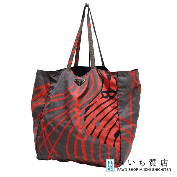 PRADA プラダ トートバッグ ナイロン 総柄 三角ロゴ レッド グレー 鞄 H18173