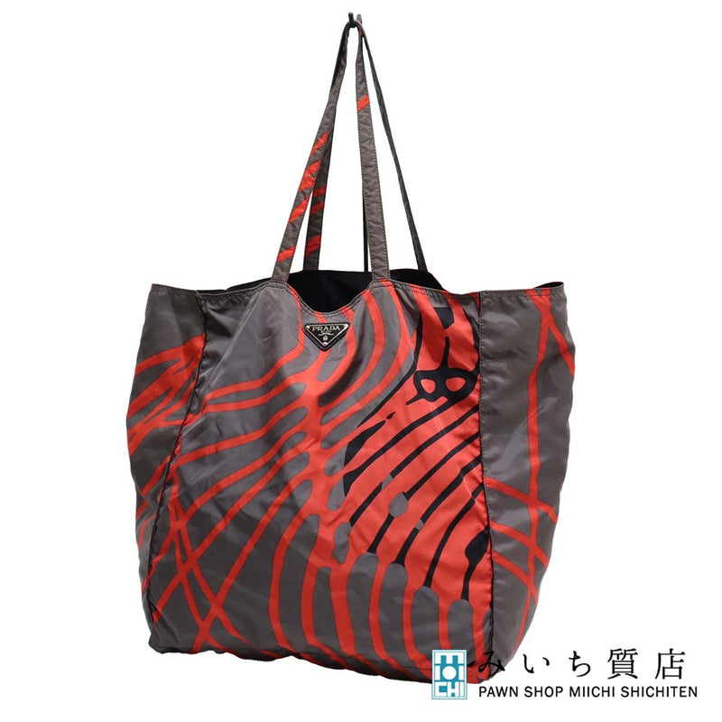 PRADA プラダ トートバッグ ナイロン 総柄 三角ロゴ レッド グレー 鞄 H18173