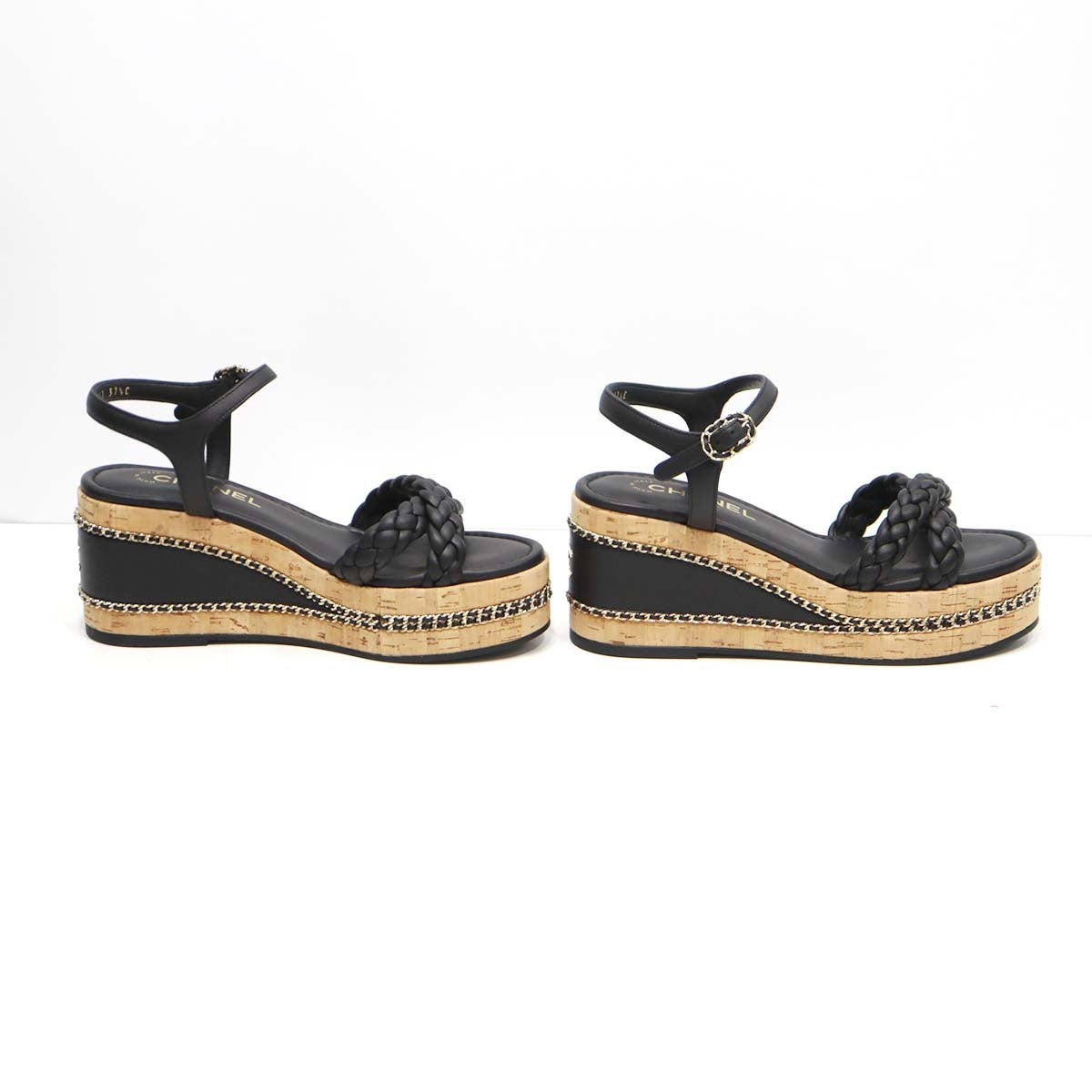 【美品】36 1/2 シャネル チェーン ウェッジサンダル 極美品 CHANEL シャネル サンダル 36 ベージュゴールド カーフ