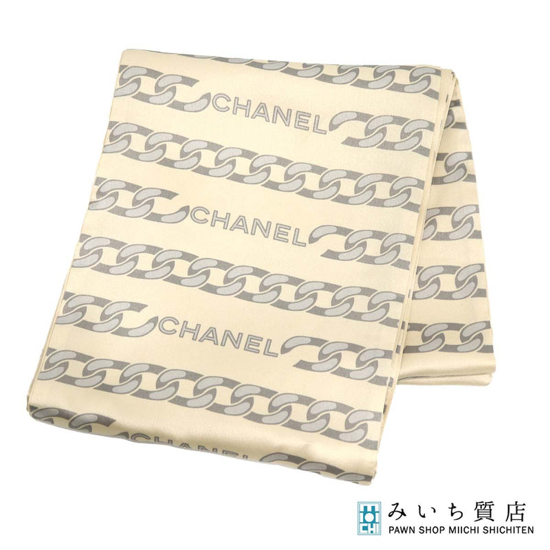CHANEL シャネル ロング スカーフ シルク100% ベージュ×グレー ロゴ チェーン柄 服飾小物 ok1032