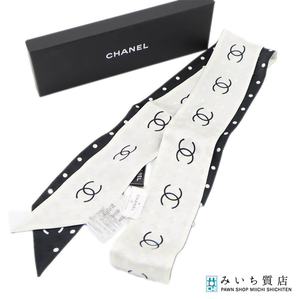 未使用 CHANEL シャネル ツイリー ココマーク 絹100 ブラック×ホワイト 箱有 H20788