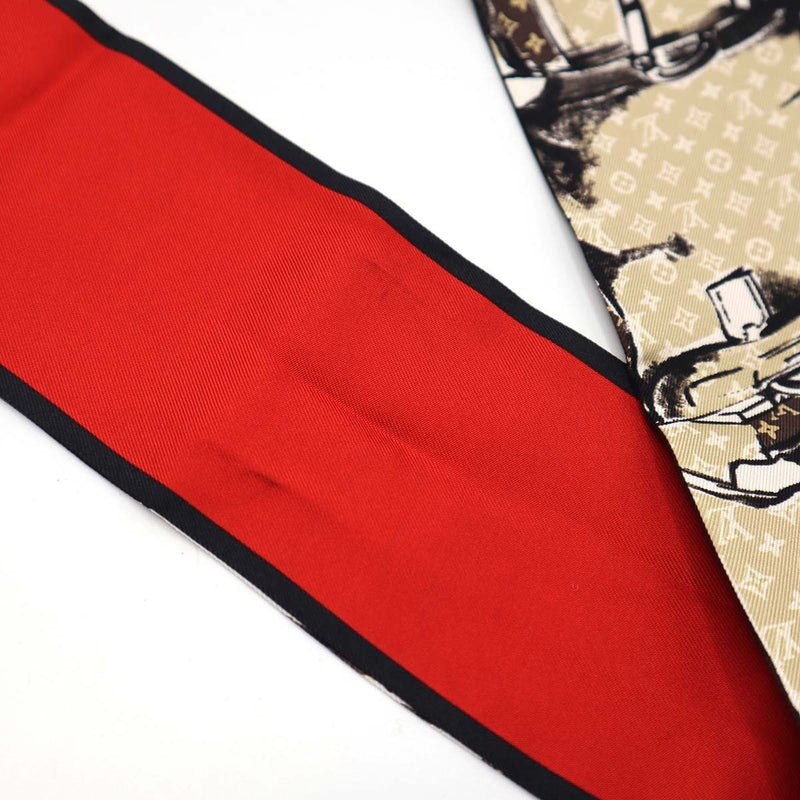LOUIS VUITTON ルイヴィトン バンドー トランク ナロー M73964 シルク100％ スカーフ ベージュ/レッド モノグラム 箱あり 25k803-4