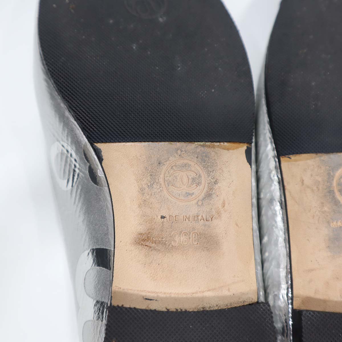 CHANEL シルバー バレエフラットシューズ A G02819 CHANEL シャネル G02819 ココマーク リボン バレエ シューズ