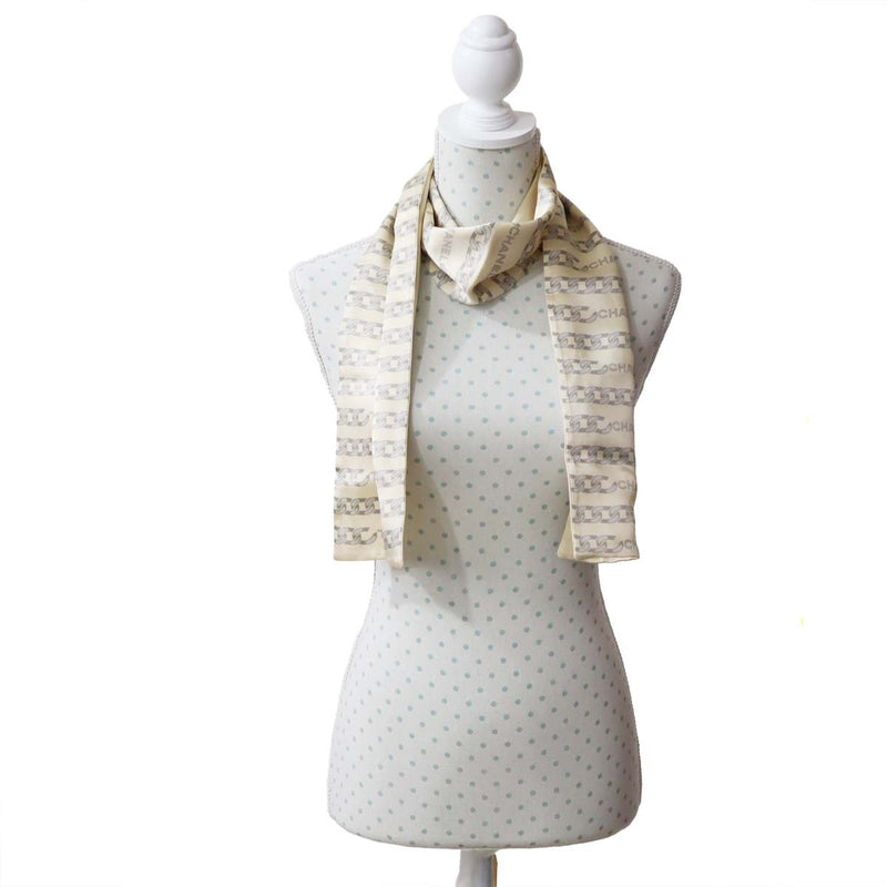 CHANEL シャネル ロング スカーフ シルク100% ベージュ×グレー ロゴ チェーン柄 服飾小物 ok1032