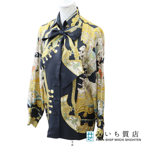 ok927 HERMES エルメス シルク100％ ブラウス シャツ ボウタイ付き 動物柄 サイズ36 7～9号 レディース 服 ok927