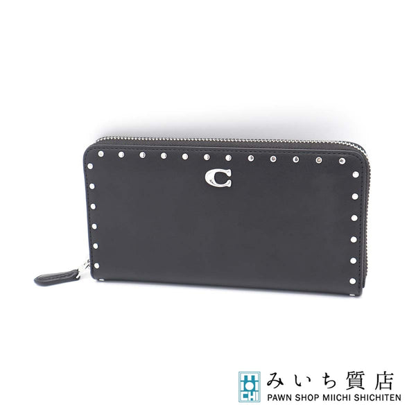 COACH コーチ アコーディオンジップウォレット・リベット CU707 グラブタンレザー ラウンドファスナー 長財布 ブラック H17415