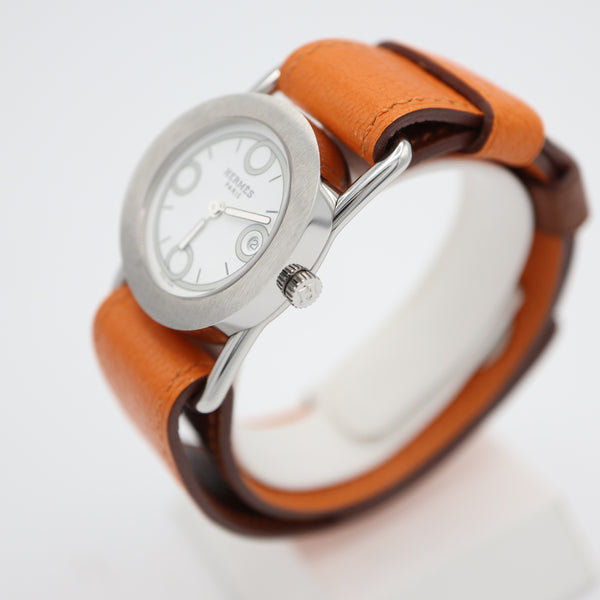 稼働 腕時計 HERMES エルメス バレニア ロンド BR1.210 クォーツ ホワイト文字盤 オレンジ ブラウン リバーシブル 2025.5電池交換済 H19143
