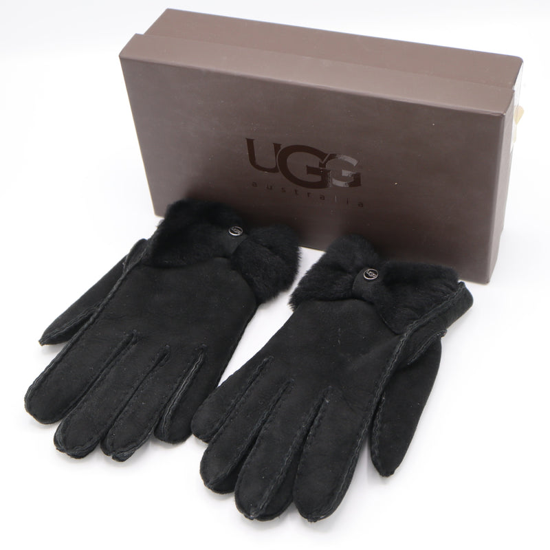 UGG アグ ムートン手袋 RN17541 グローブ スエード リボン サイズM シープスキン ブラック レディース 箱有 24s612-5