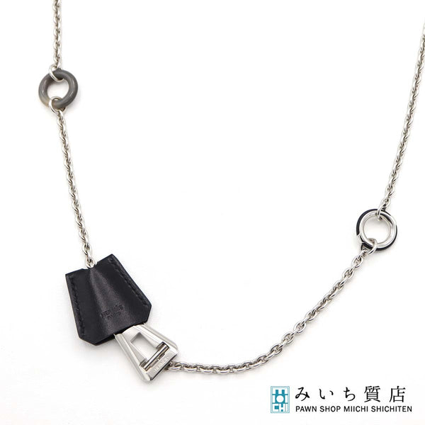 HERMES エルメス NC クロシェット ネックレス パラジウム バッファローホーン レザー 32.1g 箱あり M4186