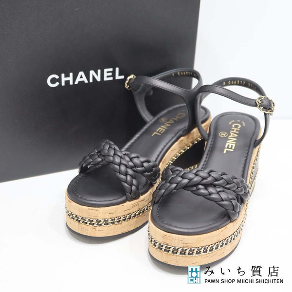 未使用 CHANEL シャネル ウエッジソール サンダル G46317 チェーン ココマーク ブラック サイズ37 1/2 靴 24.5cm H20151