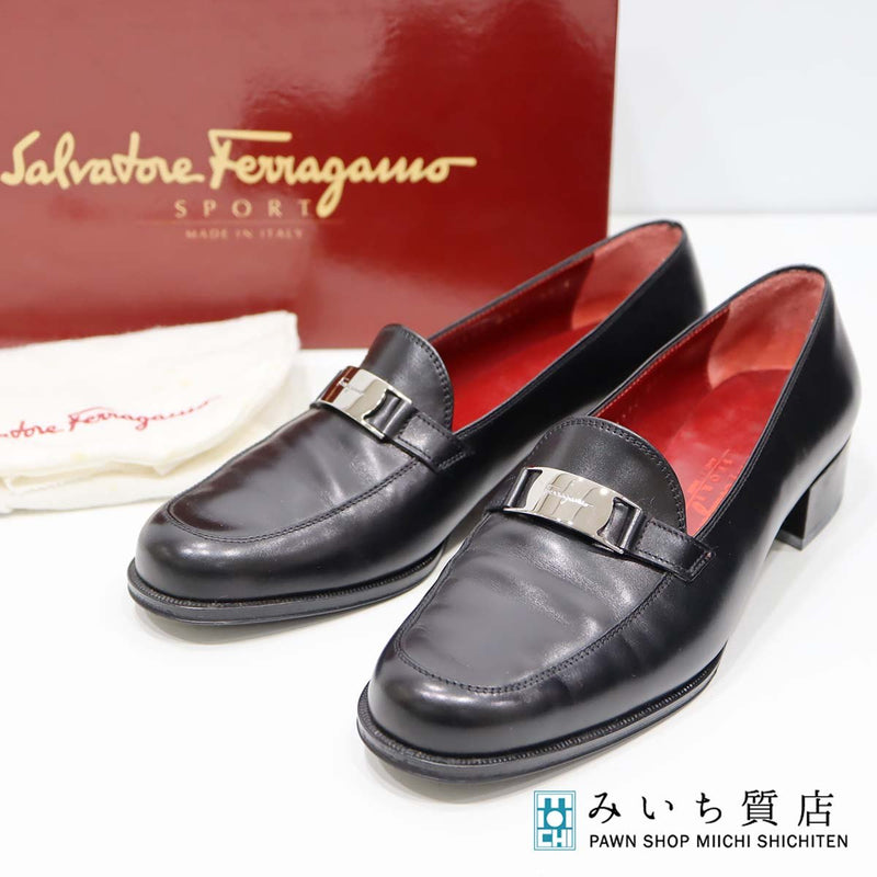 SalvatoreFerragamo フェラガモ レザー ロゴプレート SPORT ローファー 靴 7 1/2 25cm ブラック 箱有 yo372