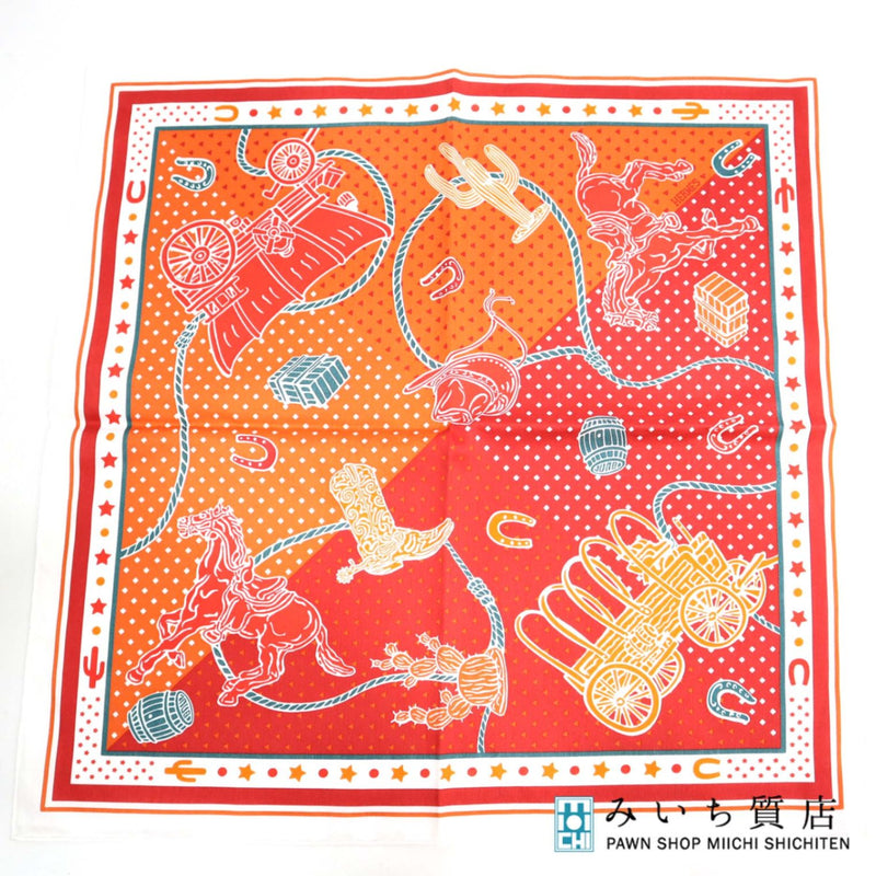 HERMES エルメス スカーフ EX-LIBRIS エクスリブリス 馬 馬車 オレンジ レッド コットン100％ 服飾小物 箱 H18459