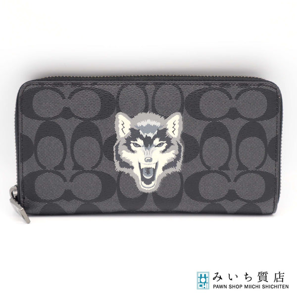 COACH コーチ 長財布 F31520 ラウンドファスナー シグネチャー オオカミ ウルフ ブラック 20K80-2