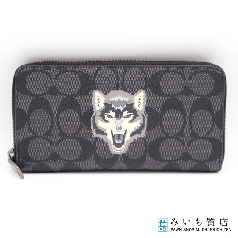 COACH コーチ 長財布 F31520 ラウンドファスナー シグネチャー オオカミ ウルフ ブラック 20K80-2