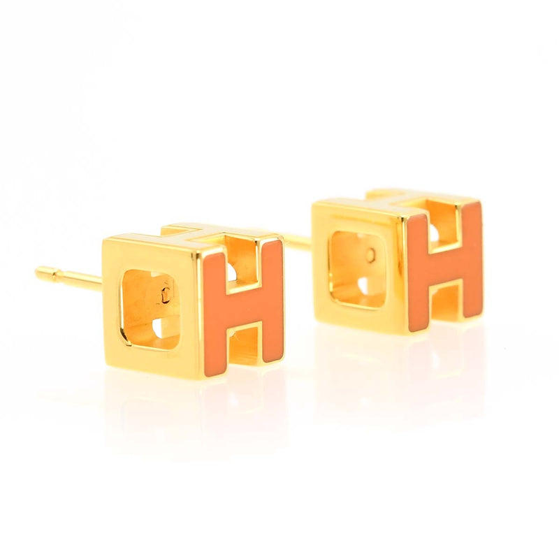 HERMES エルメス ピアス カージュドアッシュ Hキューブ オレンジ/ゴールドカラー アクセサリー レディース 5.8g ok1050