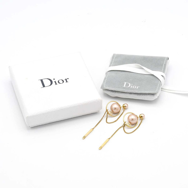 Christian Dior ディオール トライバルピアス レジンパール CDロゴ チェーン ピンク GP 7.3g 箱 袋あり yo646