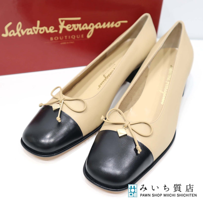 未使用 Salvatore Ferragamo フェラガモ パンプス ベージュ ブラック レディース 靴 箱有 yo187