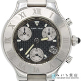 腕時計 稼働 Cartier カルティエ クロノスカフ21 クォーツ クロノグラフ 黒色文字盤 ベルト尾錠社外品 箱保有 H18178