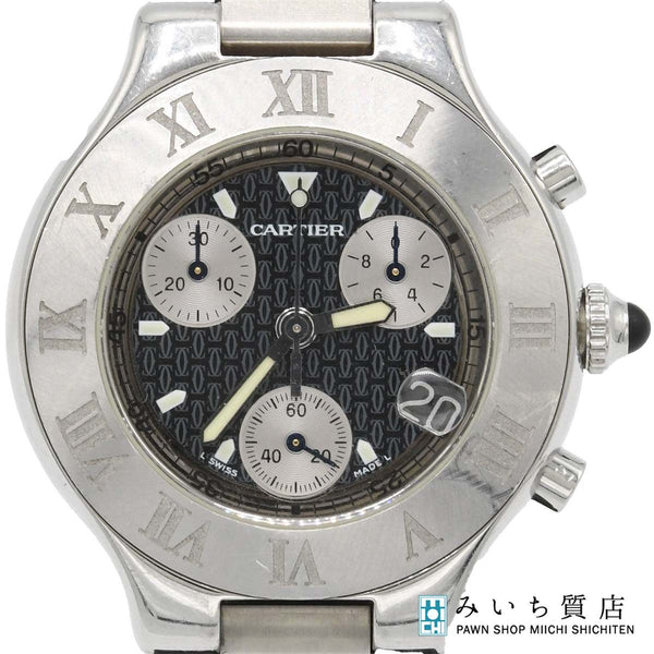 腕時計 稼働 Cartier カルティエ クロノスカフ21 クォーツ クロノグラフ 黒色文字盤 ベルト尾錠社外品 箱保有 H18178