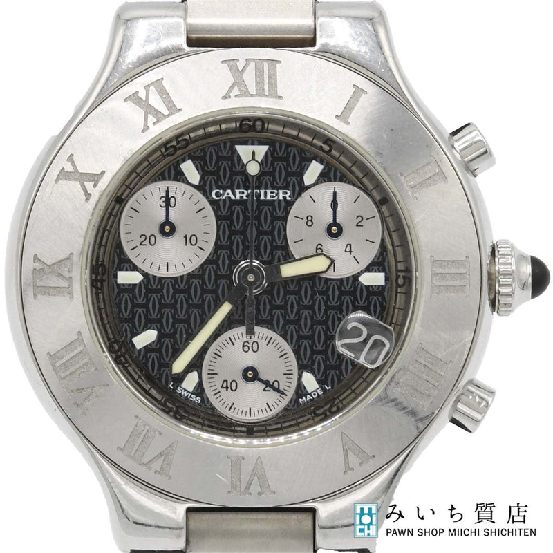 腕時計 稼働 Cartier カルティエ クロノスカフ21 クォーツ クロノグラフ 黒色文字盤 ベルト尾錠社外品 箱保有 H18178