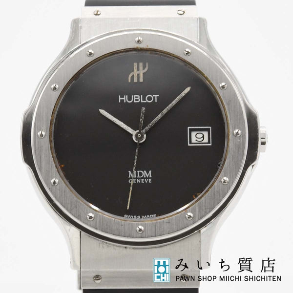 稼働 腕時計 HUBLOT ウブロ MDM 1520.100.1 クォーツ 黒文字盤 ラウンドフェイス デイト 2025.7電池交換済 M851