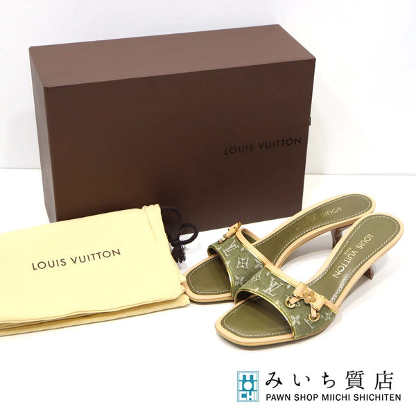 LOUIS VUITTON ルイ・ヴィトン モノグラム デニム リボン ミュール サンダル AR0026 カーキ グリーン 36.5 23.5cm 箱有り H13164