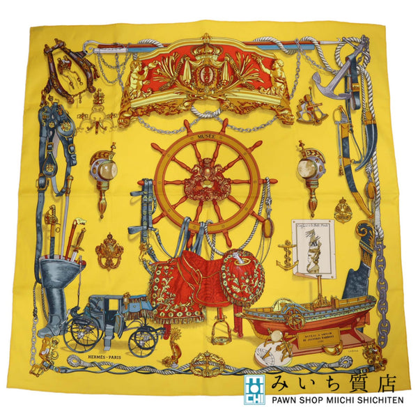 HERMES エルメス スカーフ カレ70 MUSEE 博物館 コットン100％ イエロー 服飾小物 H18947-3