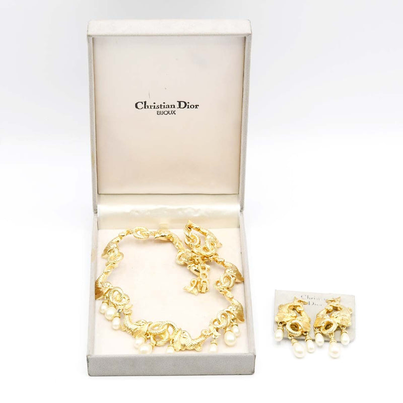 Christian Dior ディオール ゴールドフィッシュ イヤリング ネックレス セット フェイクパール アクセサリー まとめ ケースあり hi28