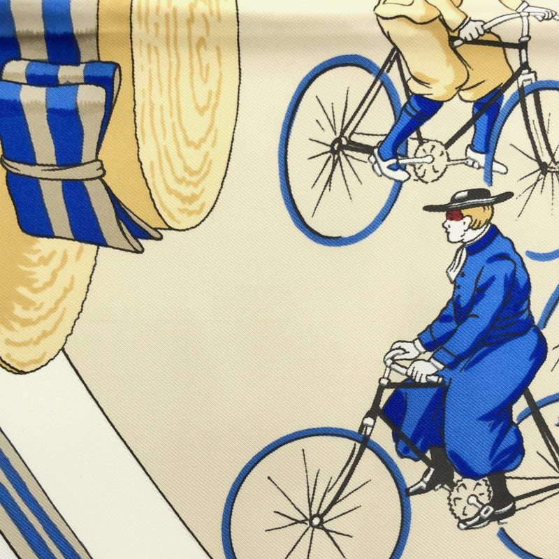 HERMES エルメス カレ90 スカーフ LES BECANES 自転車 シルク100 白 青 M2336-2