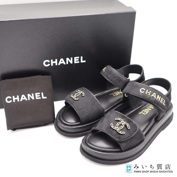 CHANEL シャネル ココマーク サンダル ハラコ レザー G46018 36C 23cm ブラック 靴 箱有 25k628-2
