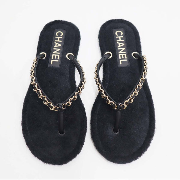 CHANEL シャネル ビーチサンダル G39886 ココマーク チェーン ゴールド金具 39 24.5cm 靴 ブラック フラット 23k418-2