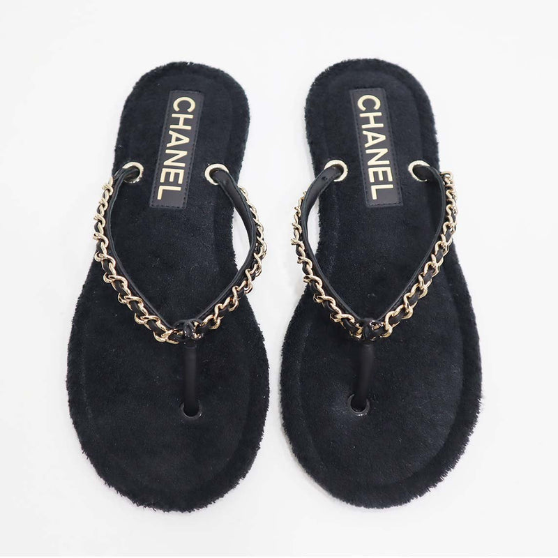 CHANEL シャネル ビーチサンダル G39886 ココマーク チェーン ゴールド金具 39 24.5cm 靴 ブラック フラット 23k418-2