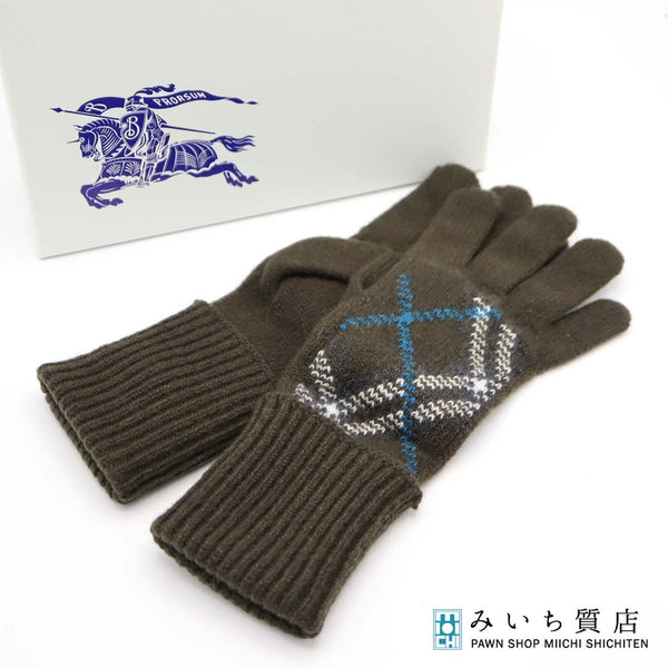 BURBERRY バーバリー 手袋 ニットグローブ 防寒 カーキ チェック柄 カシミアブレンド サイズS/M H20905