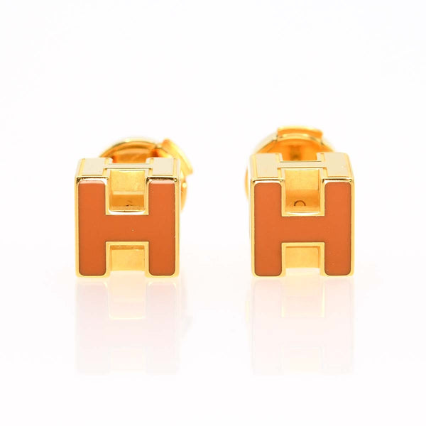 HERMES エルメス ピアス カージュドアッシュ Hキューブ オレンジ/ゴールドカラー アクセサリー レディース 5.8g ok1050