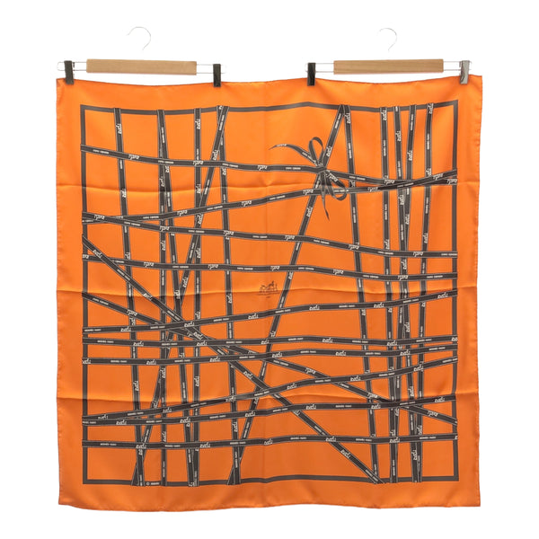 HERMES エルメス カレ90 ボルデュック リボン柄 BOLDUC シルク100％ オレンジ スカーフ 箱有 H20530
