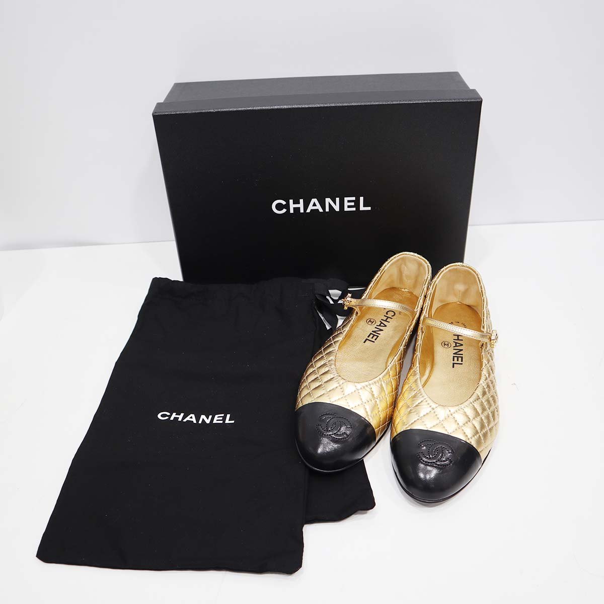 CHANEL ライトベージュ キルティングフラットシューズ CHANEL シャネル フラットシューズ 371/2 約24.5cm メリージェーン